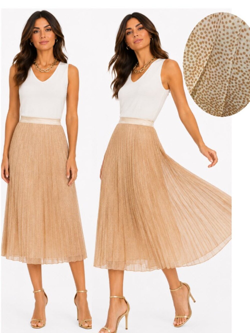 Club Monaco Pleated Midi Skirt Tan Polka Dot Flowy Size 6 Beige Cream Chic